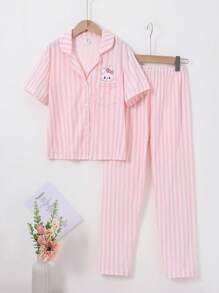 Tween Girl 粉色和白色条纹印花短袖开衫搭配长裤休闲两件套家居服套装 - 粉色 - 查看 3