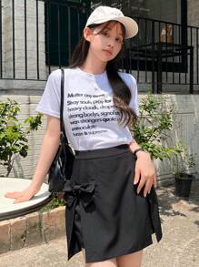 DAZY 蝴蝶结前开衩下摆黑色短裙 - 黑色 - 查看 2