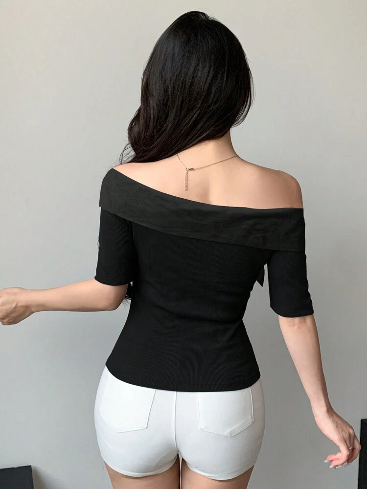 Women Off-Shoulder Contrast Color Bow Decor Fitted Short Sleeve T-Shirt ,New Year Eve Summer,Crop Tops Women,Off Shoulder Top
