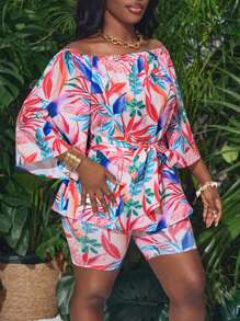Slaydiva Casual Vacation One-Shoulder Nine-Quarter Sleeve Loose Top And Tight Shorts With Full Branch Print Women's Two-Piece Set-C - Multicolor - View 6