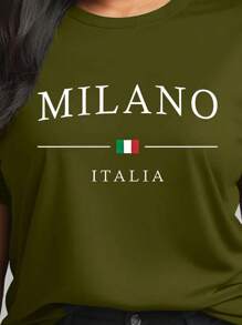Flirla Camiseta de manga corta estampada con letras para mujer de talla grande, tops gráficos, para verano - Verde Oliva - Ver 6