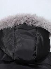 Jong meisje middellange capuchon puffer jas met pluizige en ritssluiting, imitatie leren patchwork