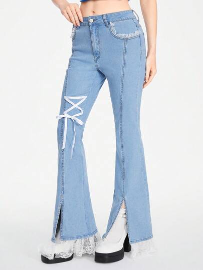Kawaii Jean évasé Y2K à lacets croisés et fendus pour femme