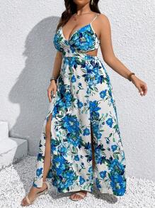 SHEIN Clasi Váy đi nghỉ in hoa cỡ lớn dành cho nữ có đường cắt ở eo và viền xẻ - Màu xanh lam - Xem 5