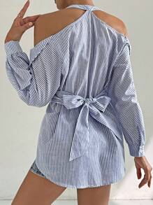 SHEIN Privé Áo sọc lạnh vai gấp xếp chi tiết - Màu xanh lam - Xem 3