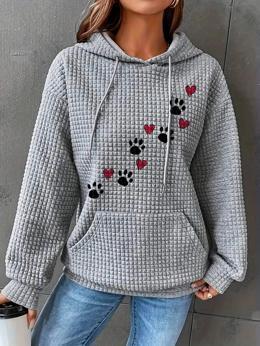 Plus女士印花休閒口袋連帽衛衣