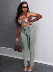 SHEIN SXY Old Money Plus Size Denim Stretch Fashion Snowflake Leggings - Blue - View 5