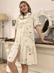 Váy ngủ có cổ in hoa có cổ đính nút Váy ngủ phía trước Váy Pajama - Nhiều màu - Xem 3