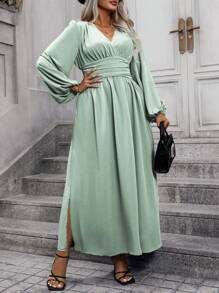 Vionelle Plus Size Women's Solid Color Simple Daily Long Sleeve Dress Maxi Women Outfit Fall Cloth For Women - Mint Green - View 4