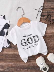 SHEIN Playful Pals Baby Girls' Cotton White Short Sleeve Letter Printed T-Shirt, Suitable For Summer - White - View 3