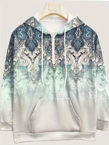 Plus Size Women's Print Sweatshirt Zipper Drawstring Sweatshirt - Multicolor - View 3