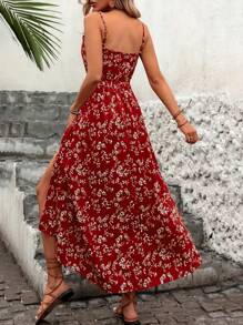 Robe slip fendue avec Top ourlet en dentelle ajourée, patchwork taille et imprimé floral discret, vacances