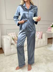 Women's Suit Collar Button Front Pocket Top & Sleep Pants Pajama Set, Fall Winter Clothes