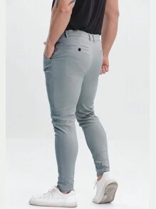 ALLELMS 男士修身抗皱弹力棉斜纹西裤 - 灰色 - 查看 2