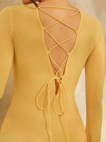 L'Amorae Buttery Yellow Lace Up Back Sheer Lace Long Sleeve Maxi Dress