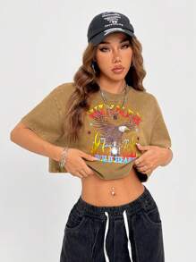 SHEIN EZwear 女款棕色老鷹重洗短袖T恤 - 棕色 - 查看 6