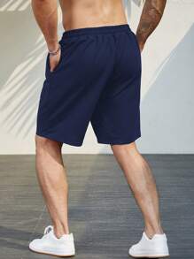 Manfinity Homme 男士素色腰部抽繩斜口袋短褲 - 藏蓝色 - 查看 2