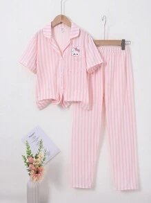 Tween Girl 粉色和白色条纹印花短袖开衫搭配长裤休闲两件套家居服套装 - 粉色 - 查看 5