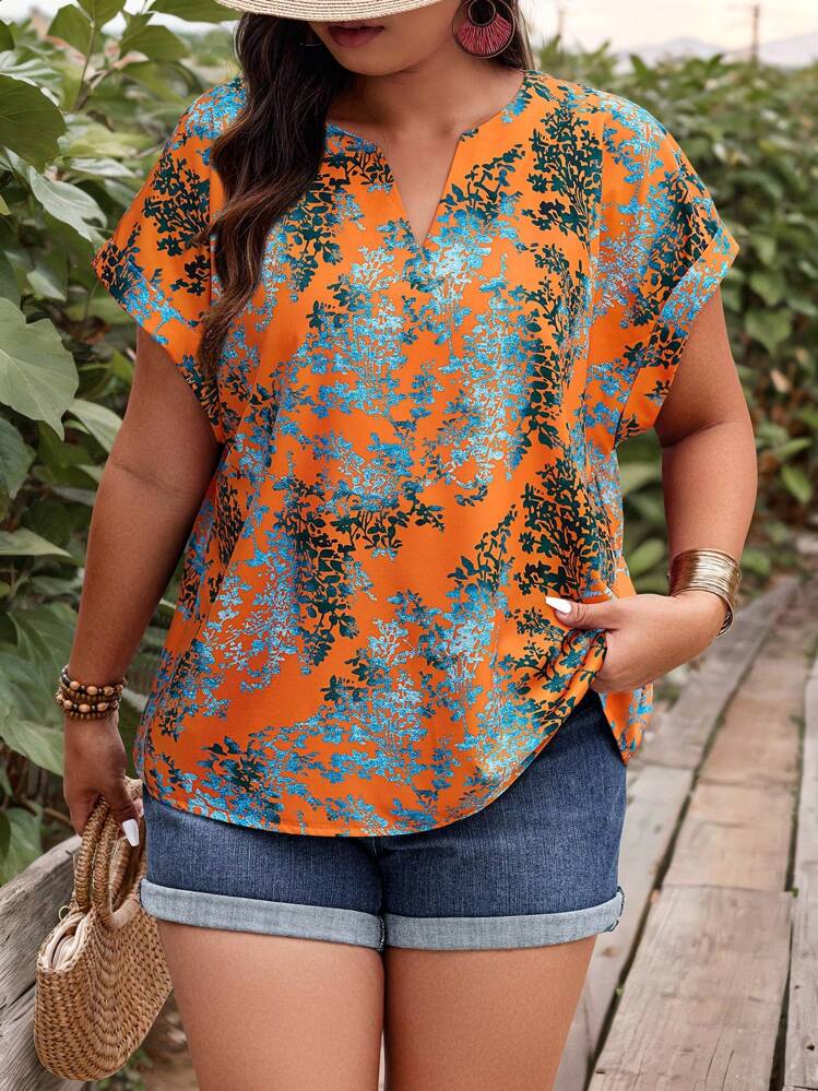 EMERY ROSE Blusa de manga de murciélago con cuello entallado y estampado floral de verano para tallas grandes - Naranja - Añade 4