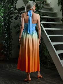 SHEIN LUNE Fall Blue And Orange Gradient Print Back Tie Chiffon Ruched Asymmetric Flowing Big Hem Sleeveless Women's Party Gala Cocktail Dress - Multicolor - View 2