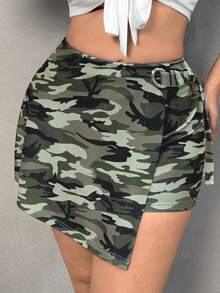 SHEIN SXY Quần short thường ngày thời trang không đối xứng có khóa thắt lưng ngụy trang cỡ lớn dành cho nữ mùa thu - Nhiều màu - Xem 5