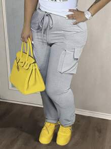 Slaydiva Mùa hè Thường Ngày Đơn Giản Bỏ Túi Trang Trí Tăm Xếp Ly Thẳng Quần Ôm Hoa Nhẹ Màu Xám Quần nữ-K - Xám - Xem 2