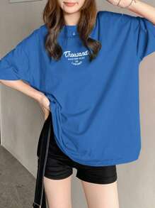 DAZY Letter Graphic Drop Shoulder Oversized Tee Summer - Blue - View 4