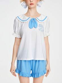 ROMWE Kawaii Bộ đồ ngủ nữ hải quân, thắt nơ cổ Peter Pan tay phồng áo thêu mèo dễ thương & quần short viền nhún bèo - trắng - Xem 2