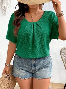 SHEIN Frenchy Plus Size Loose Vacation-Style Texture Fabric T-Shirt With Lace Back - Green - View 5