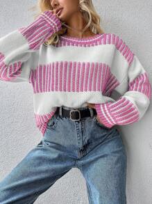 EURMUSE Striped Pattern Drop Shoulder Sweater - Baby Pink - View 3