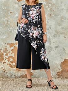 Top asimétrico sin mangas de talla grande con aro redondo e impresión de flores aleatoria y pantalones de unicolor, atuendos casuales de verano - Negro - Ver 3