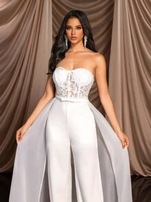 SHEIN Belle 優雅華麗無肩帶蕾絲拼接彈性針織緞面喇叭褲女士派對連身褲 - 米色 - 查看 3