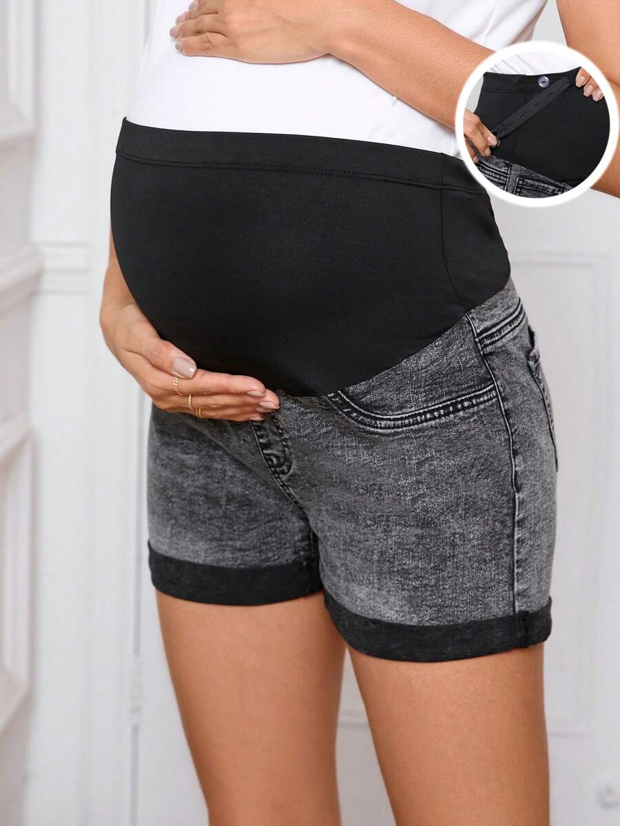 SHEIN Maternity Adjustable Waist Color Block Casual Denim Shorts - Light Grey - View 1