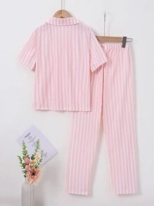 Tween Girl 粉色和白色条纹印花短袖开衫搭配长裤休闲两件套家居服套装 - 粉色 - 查看 2