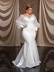 SHEIN Belle Plus Size White Luxury 3D Handmade Beaded Lace Applique Wedding Dress Bridal With Elegant Fish Tail And Long Train Long Sleeve Dress