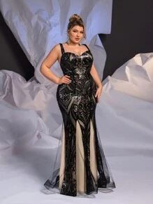 SHEIN Belle Plus Size Elegant Fish-Tail Type Formal Dress With Rose Red Off-Shoulder Ruffle Collar And Luxurious Bowknot - Hot Pink - View 3