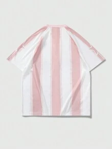 ROMWE MEN Street Life 男式夏季标语条纹印花圆领短袖休闲足球球衣风格 T 恤，学校风，2000 年代风格 - 粉色 - 查看 2