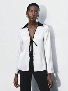 Maija 女士休闲衬衫，撞色领口，前系带，秋季返校季 - 白色 - 查看 1