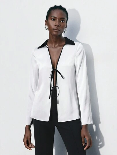 Maija Women's Casual Blouse With Contrast Collar And Front Tie, Autumn Back To School