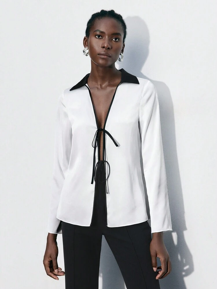 SHEIN Maija Women's Casual Blouse With Contrast Collar And Front Tie, Autumn Back To School