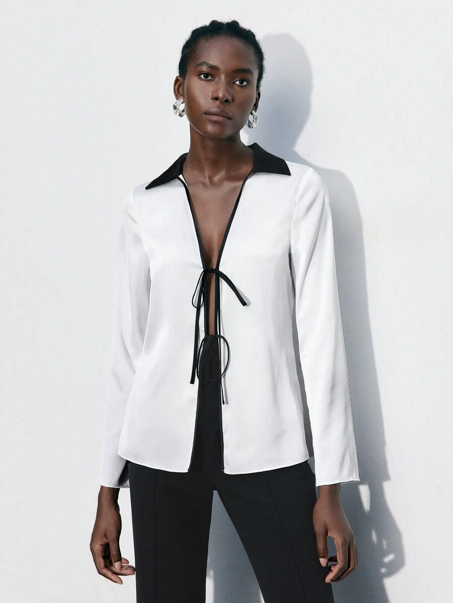 Maija 女士休闲衬衫，撞色领口，前系带，秋季返校季 - 白色 - 查看 1