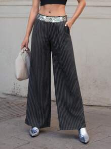 SHEIN Essnce Grey High-Waisted Smart Casual Sequined Wide-Leg Pants For Women - Grey - View 3