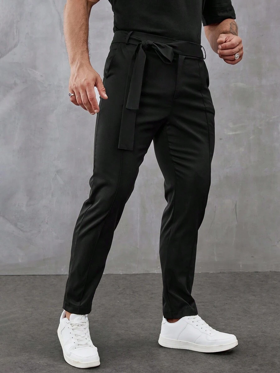Manfinity Homme Men's Plain Belted Suit Trousers For Work, Simple Style For Ceremony Formal - Black - View 1
