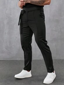 Manfinity Homme Men's Plain Belted Suit Trousers For Work, Simple Style For Ceremony Formal - Black - View 5