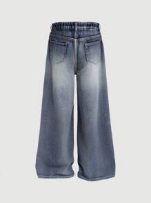 SHEIN Tween Boy Casual Stylish Washed Loose Wide Legs Denim Jeans, For Spring/Summer - Light Wash - View 2
