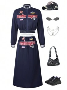 SHEIN Conjunto de dos piezas para adolescentes con estilo urbano casual con mangas largas abiertas y estampado, cómodo