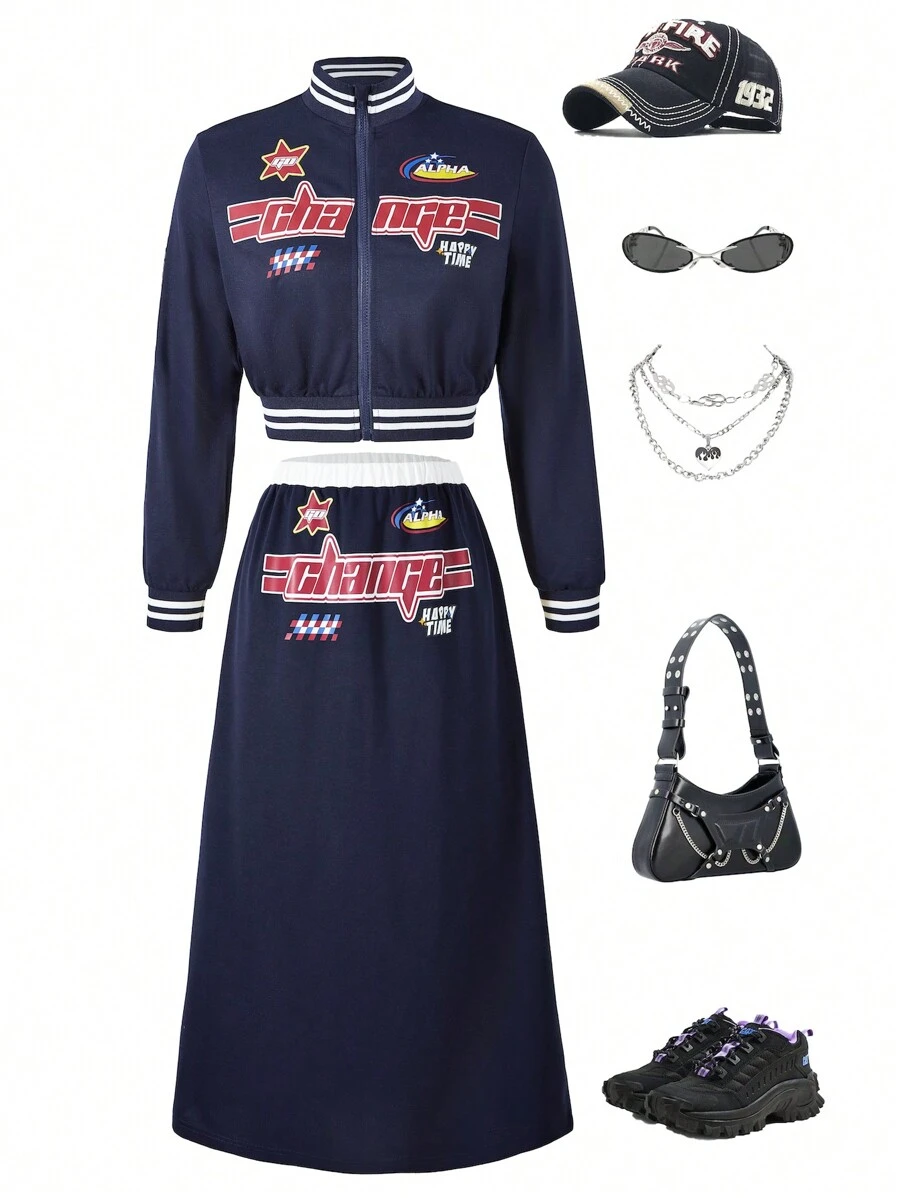 SHEIN Conjunto de dos piezas para adolescentes con estilo urbano casual con mangas largas abiertas y estampado, cómodo