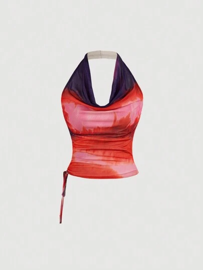 GENKIRA Camiseta Sin Mangas De Mujer Con Cuello Halter Fruncido Con Cordón En La Cintura Estampado Teñido Anudado Multicolor A La Moda Sexy