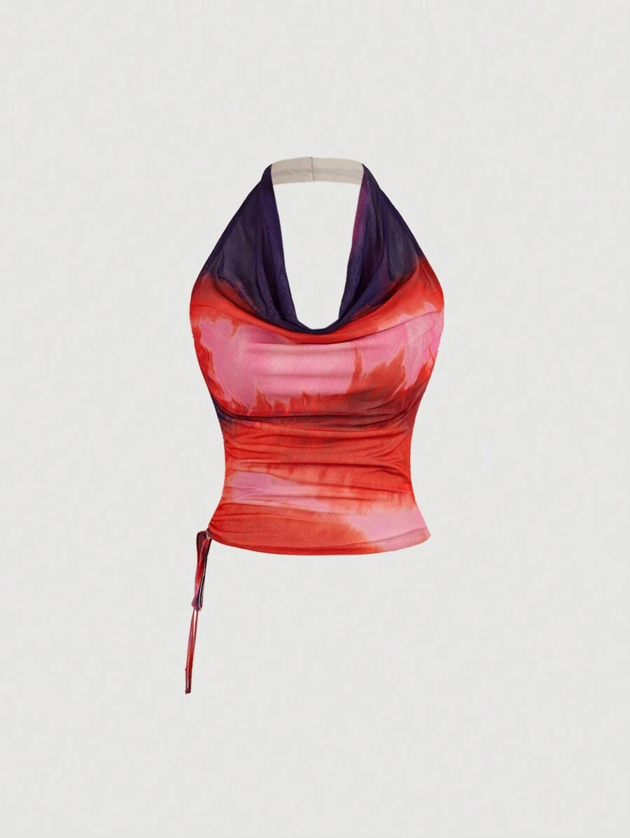 SHEIN Unity Sexy Fashionable Multi-Color Random Tie-Dye Printed Waist Drawstring Ruched Halterneck Women's Tank Top - Orange - View 1