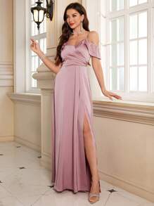 Cold Shoulder Solid Split Thigh Women Prom Dresses - Dusty Pink - View 1